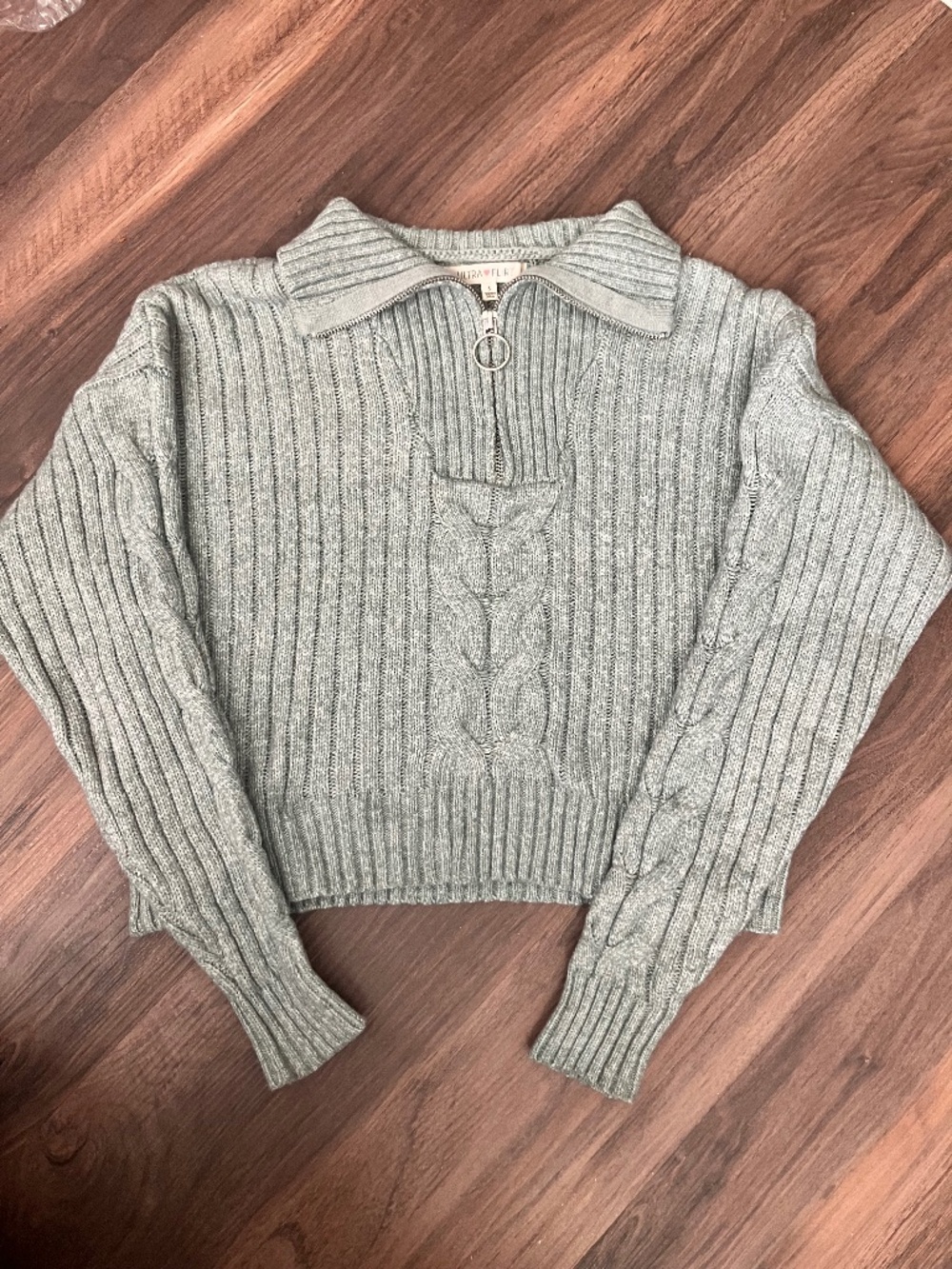 Ultra Flirt Sage Green Cable Knit Sweater Quarter Zip Cropped Pullover Size S